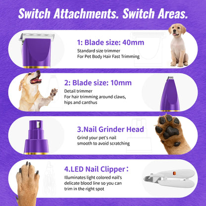 Cordless Pet Grooming Kit – Low Noise, IPX7 Waterproof – Nail Grinder & Paw Trimmer for Dogs & Cats