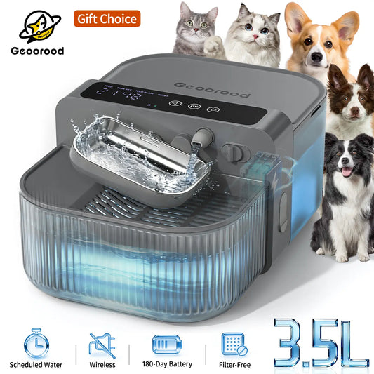 Wireless Pet Water Fountain – Dual Tanks, 6-Month Battery – Stainless Steel, Timed Refill, Removable Bowl