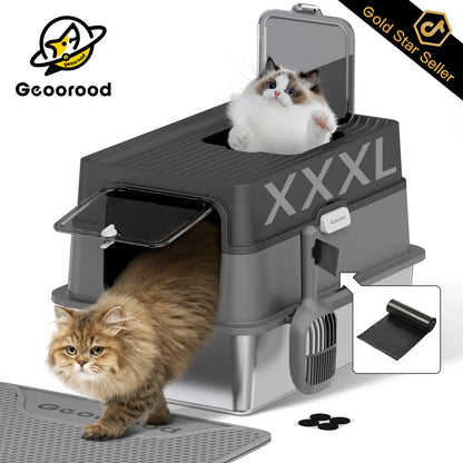 XL Stainless Steel Cat Litter Box – with Lid, High Sides, Anti-Leakage – Includes Scoop