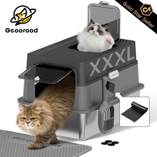 XL Stainless Steel Cat Litter Box – with Lid, High Sides, Anti-Leakage – Includes Scoop