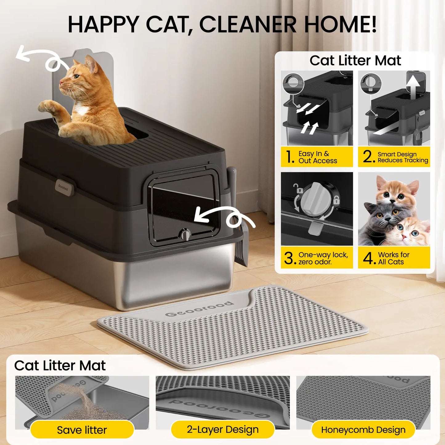XL Stainless Steel Cat Litter Box – with Lid, High Sides, Anti-Leakage – Includes Scoop