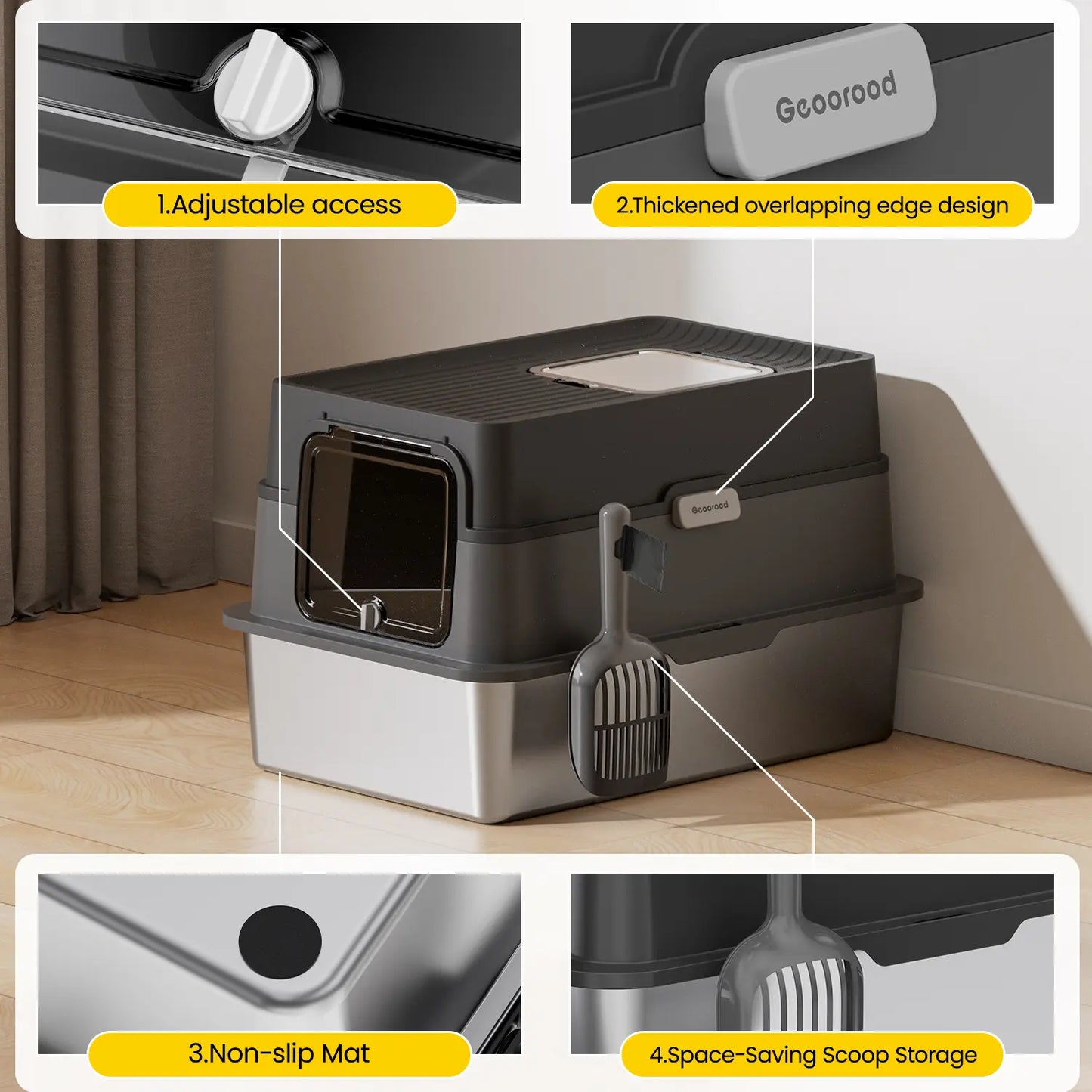 XL Stainless Steel Cat Litter Box – with Lid, High Sides, Anti-Leakage – Includes Scoop