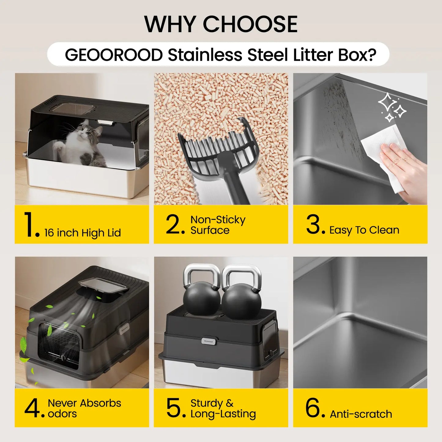 XL Stainless Steel Cat Litter Box – with Lid, High Sides, Anti-Leakage – Includes Scoop