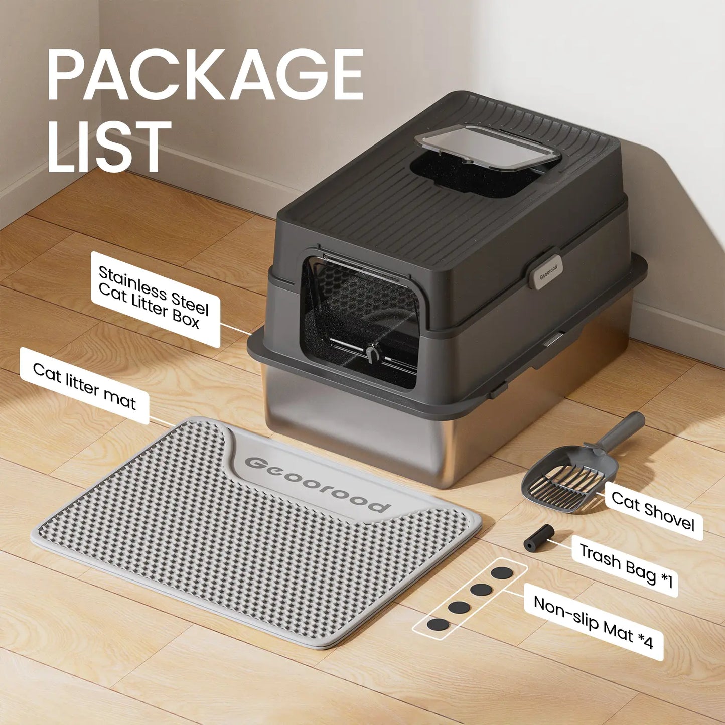 XL Stainless Steel Cat Litter Box – with Lid, High Sides, Anti-Leakage – Includes Scoop