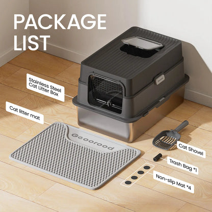 XL Stainless Steel Cat Litter Box – with Lid, High Sides, Anti-Leakage – Includes Scoop