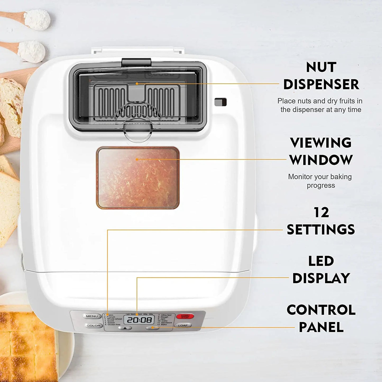 Bread Maker Machine – 12-in-1 with Auto Fruit Nut Dispenser – 2LB Loaf, Gluten-Free, 13H Timer & 3 Crust Settings