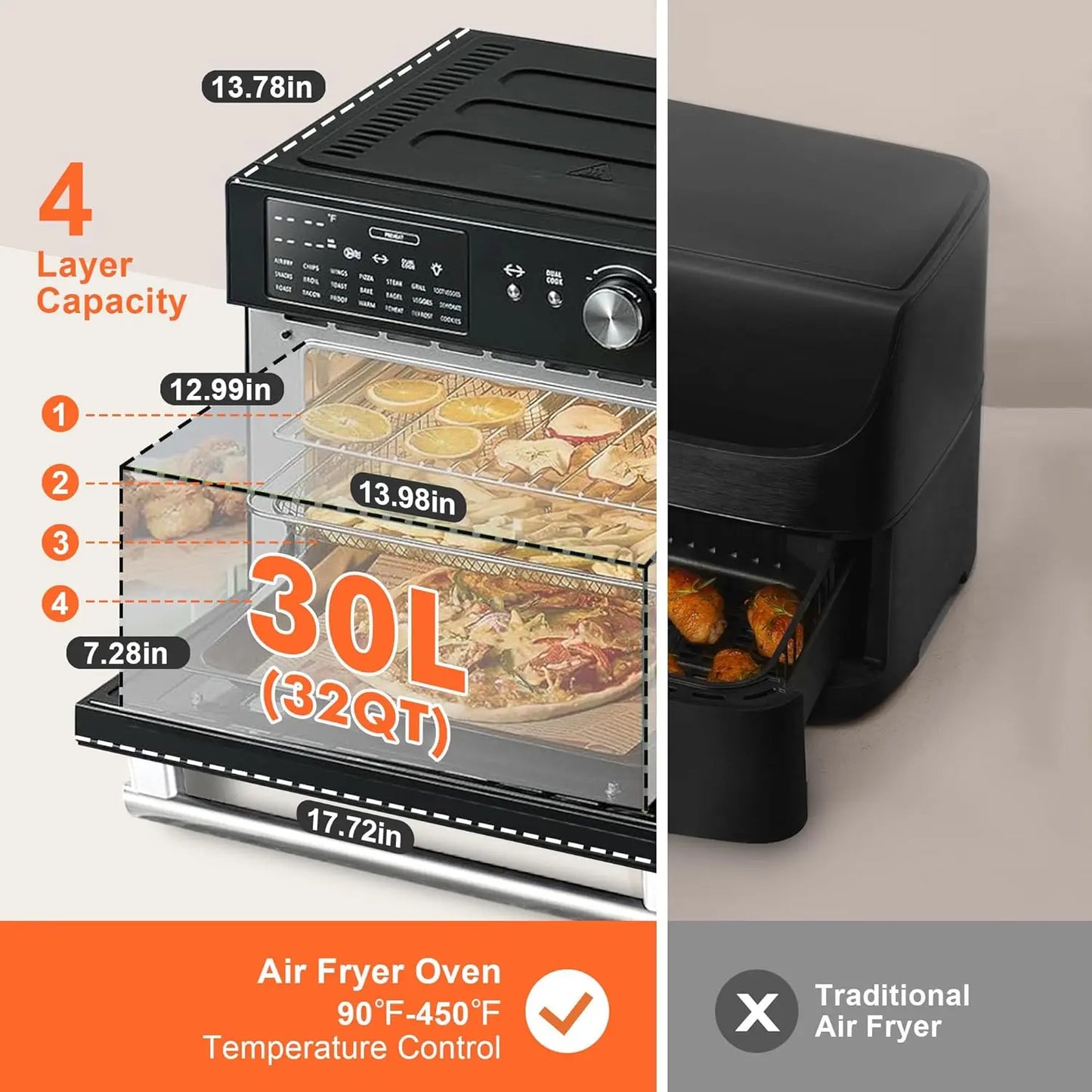 32QT Air Fryer Toaster Oven – 21-in-1, Convection, 1800W – Air Fry, Bake, Toast & Roast – 6 Accessories Included