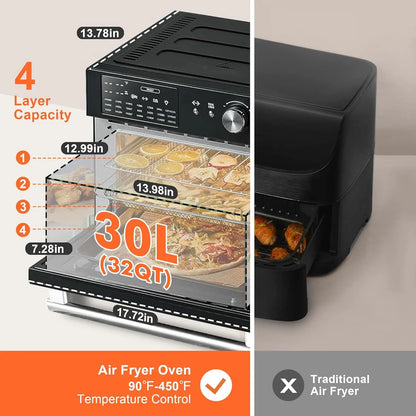 32QT Air Fryer Toaster Oven – 21-in-1, Convection, 1800W – Air Fry, Bake, Toast & Roast – 6 Accessories Included