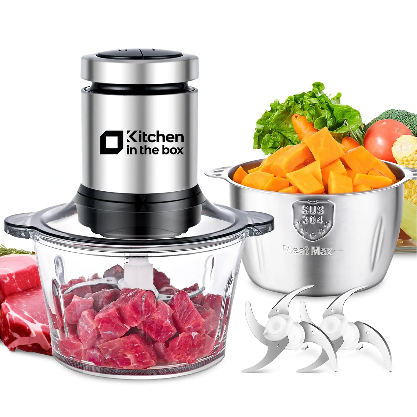 400W Food Chopper & Grinder – 2 Bowls, 2 Bi-Level Blades – Grind Meat, Chop Veggies, Fish & Baby Food