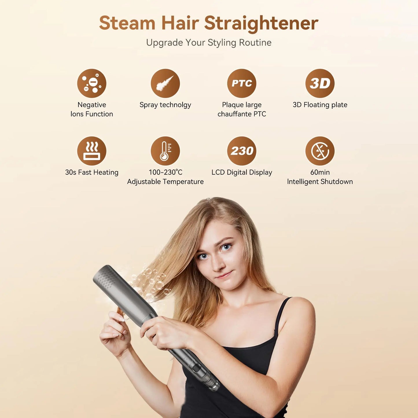 Infrared Steam Hair Styling Tool – 2-in-1 Straightener & Curler – Anti-Frizz, Smooth, Steam Protection for Salon Results