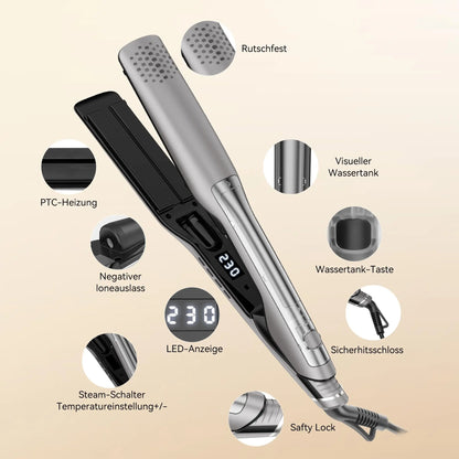 Infrared Steam Hair Styling Tool – 2-in-1 Straightener & Curler – Anti-Frizz, Smooth, Steam Protection for Salon Results